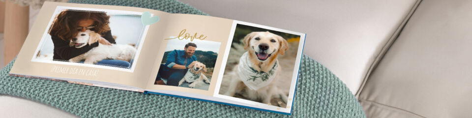 Álbum de fotos abierto con fotos de perros con sus dueños.