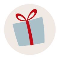 Ilustración de una caja de regalo azul con un lazo rojo.